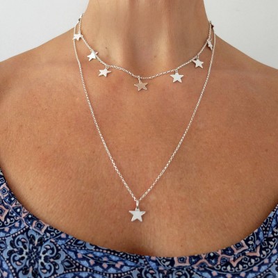 Silver Star Necklace, Little Star Necklace, Sterling Silver Star Layering Necklace on 22 inch Belcher Chain