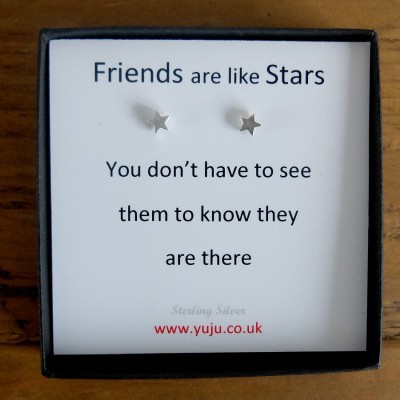 Silver Star Stud Earrings with Quote, Tiny Star Earrings, Personalised Quote Gift, Stocking Filler for Friends, Friends are Like Stars