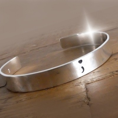 Sterling Silver Semicolon Bangle with Heart, My Story Isn't Over Yet Bangle, Survivor Bangle, Semicolon with Heart, Semicolon Jewellery