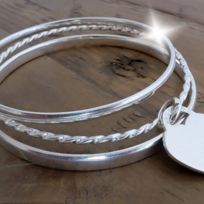Triple Silver Bangle Set with Personalised Heart,  Set of Three Silver Bangles with Heart, 3 Silver Bangles, Silver Bangles Set of Three