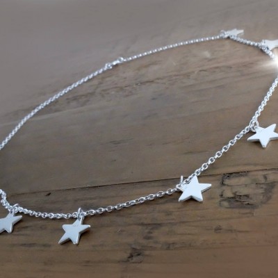 short Silver Star Burst Necklace, Little Stars Necklace, Sterling Silver Stars Layering Necklace on 16 inch Belcher Chain