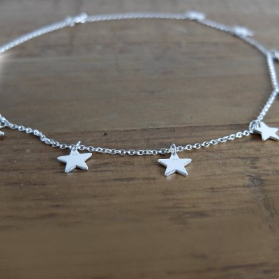 short Silver Star Burst Necklace, Little Stars Necklace, Sterling Silver Stars Layering Necklace on 16 inch Belcher Chain