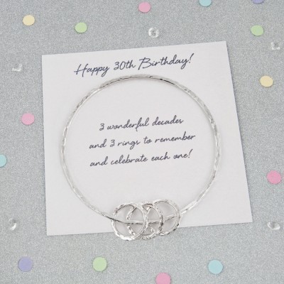 30th Birthday Gift For Her, 30th Birthday Ideas, 30th Birthday Gift For Daughter - Sterling Silver 30th Birthday Bangle with 3 Mini Rings