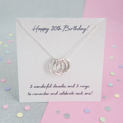 30th Birthday Gifts, 30th Birthday Ideas, 30th Birthday Gift For Daughter - 30th Birthday '3 Rings For 3 Decades' Sterling Silver Necklace