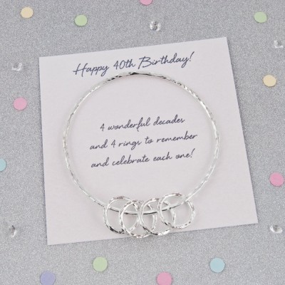 40th Birthday Gift For Her, 40th Birthday Gift Ideas, 40th Birthday Gift For Mom - Sterling Silver 40th Birthday Bangle with 4 Mini Rings