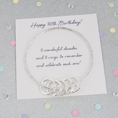 50th Birthday Gift For Mum, 50th Birthday Gift For Gran, 50th Birthday Gift Ideas - Sterling Silver 50th Birthday Bangle with 5 Mini Rings