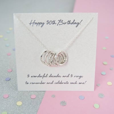 50th Birthday Gifts, 50th Birthday Gift Ideas, 50th Birthday Gift For Mum - 50th Birthday '5 Rings For 5 Decades' Sterling Silver Necklace
