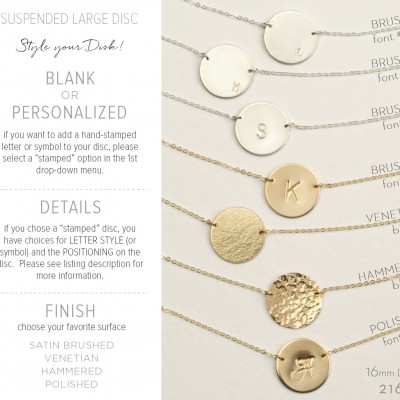 Circle Necklace Disk w Initial or Blank • Large Suspended Disc Necklace • Coin Necklace, 18k Gold Fill, Sterling Silver, Rose Gold • LN216_H