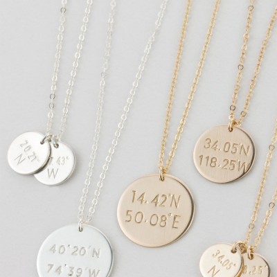 Custom Coordinates Disc Necklace • Latitude & Longitude Circle Charms • Dainty GPS Location Necklace • Hand Stamped Personalization • LN200
