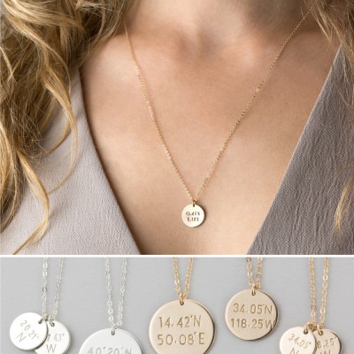 Custom Coordinates Disc Necklace • Latitude & Longitude Circle Charms • Dainty GPS Location Necklace • Hand Stamped Personalization • LN200