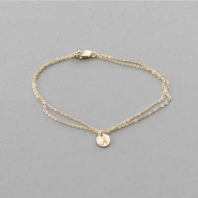Double Wrap Dainty Initial Charm Bracelet, Delicate Chain Personalized Disk Bracelet • Tiny Disc in Gold Fill, Rose Gold, or Silver • LB220
