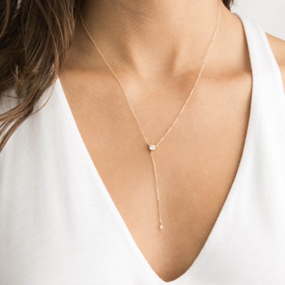 Gold Y Necklace Diamond, Dainty Lariat Necklace with CZ, Dainty Gift for her, Minimal Lariat 18k Gold Filled or Sterling Silver Chain, LN809