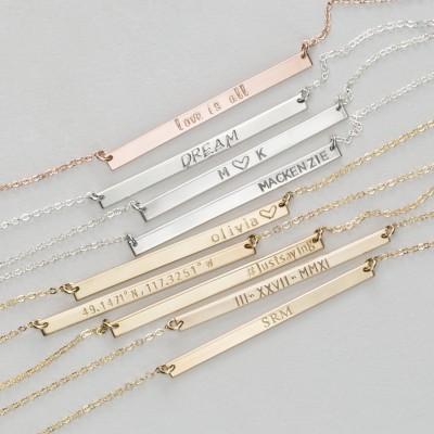 Long Skinny Bar Necklace • Personalized Name Plate Necklace • Rose Gold Fill or Sterling Silver Custom Hand Stamped Bar Necklace, LN130_40_H