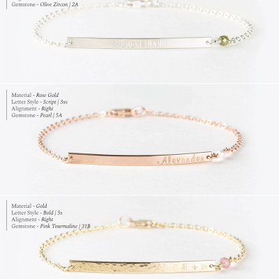 Personalized Bracelet With Custom Gemstone • Skinny Bar Bracelet, Birthstone • Custom Hand Stamped Bracelet w Names, Dates... LB130_40_gl