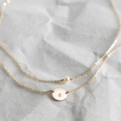 Personalized Jewelry Gift for Her, 2 Dainty Necklaces: Pearl/Birthstone Necklace & Custom Initial Tag • Gifts for Sisters, Girlfriends LS972