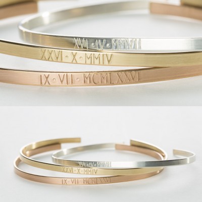 Roman Numerals Bracelet • Personalized Custom Date Bracelet Gift for Her • Simple Engraved Cuff Bracelet • Stacking Bracelet Gift • LB128