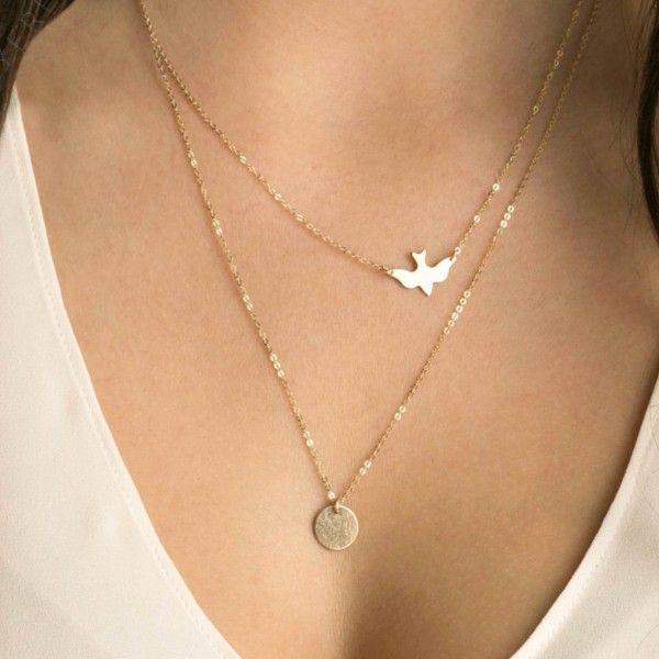 Set 915 • Delicate Bird Necklace Set with Initial Disk Necklace • 18k Gold Fill, Sterling Silver, Rose Gold • Dainty Necklaces: Bird & Disc
