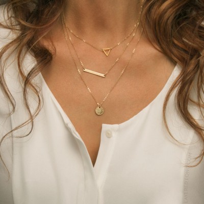 Set 926 • Gold Layered Necklaces with Skinny Bar Necklace, Triangle Necklace and Initial Necklace •Delicate Necklace Layers, Layered + Long
