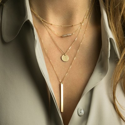 Set 940 • Layering Necklaces: Gold, Silver or Rose • Dainty Layers w/ Personalized Initial Disk and Bar Necklace • Layered and Long Necklacs