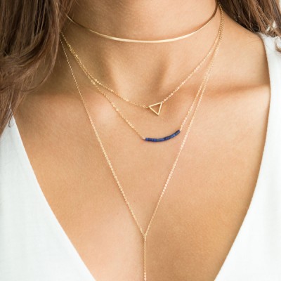 Set 946 • Dainty Layered Necklaces w/ Triangle, Bar Drop Y Necklace & Gemstone Bar in 18k Gold Fill, Sterling Silver, 3pcs by layeredandlong