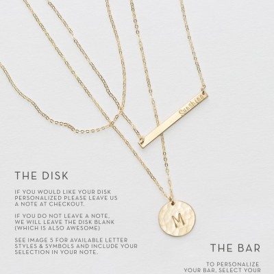 Set 949 • Bar Necklace & Simple Dainty Layering Necklaces • Gold Personalized Custom Name Hand Stamped Bar and Initial Disk Necklace, 3pcs