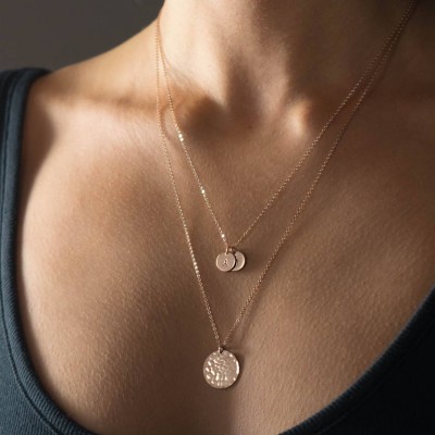 Set 965 • Long Layered Disk Necklaces, Rose Gold or Silver • Set of 2 Personalized Necklaces - Double Disk with Initials, Layering Necklaces