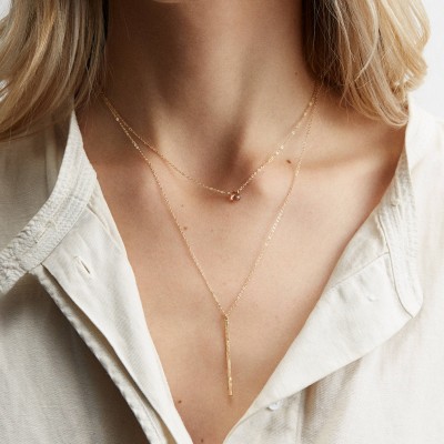 Set 970 • Modern Dainty Necklaces • Tiny Gemstone and Modern Bar Necklace • 18k Gold Filled, Silver or Rose Gold Fill 2pc Layering Necklaces
