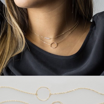 Simple Birthstone & Open Circle Necklace Layering Necklaces Set Gift • Mini Gemstone Bar Necklace, Karma Circle Necklace, Gift for Her LS962