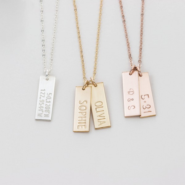 Simple Personalized Tag Necklace / Small Bar Necklace / Engraved Delicate Rose Gold Necklace, 18k Gold Fill, Sterling Silver  LN155_16_V