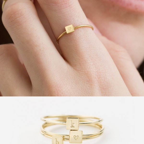 Square Initial Ring • Personalized Ring (or blank) • Stacking Ring • Custom Signet • Hand Stamped • 18k Gold Fill, Sterling Silver, LR456