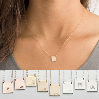 Square Plate Necklace, Personalized • Simple, Modern, Delicate Necklace • 18k Gold Fill, Sterling Silver, Rose Gold • Layered Long, LN110_H