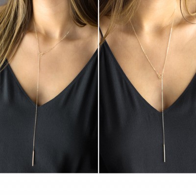 Tiny Karma Bar Lariat Necklace  • Open Circle Bar Drop • Y Necklace  • Vertical Bar Necklace • Gold Fill, Rose Gold, or Silver • LN132_09_LY