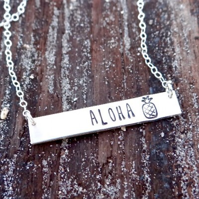 Aloha Pineapple Hand Stamped Bar Necklace. Hawaii Necklace.  Available in Gold, Silver or Rose Gold.  Pineapple Jewelry.  Tropical Vacation.