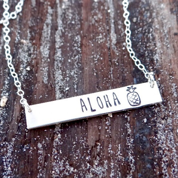 Aloha Pineapple Hand Stamped Bar Necklace. Hawaii Necklace.  Available in Gold, Silver or Rose Gold.  Pineapple Jewelry.  Tropical Vacation.