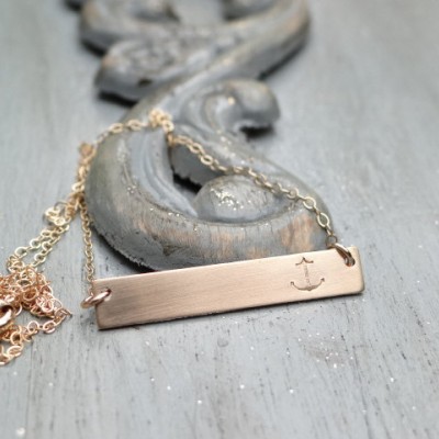 Anchor 18kt Gold Bar Necklace. Hand Stamped Jewelry. Minimalist, Engraved Necklace. Layering Bar Necklace, Anchor Jewelry, Stamped Gold Bar