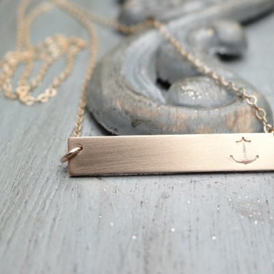 Anchor 18kt Gold Bar Necklace. Hand Stamped Jewelry. Minimalist, Engraved Necklace. Layering Bar Necklace, Anchor Jewelry, Stamped Gold Bar