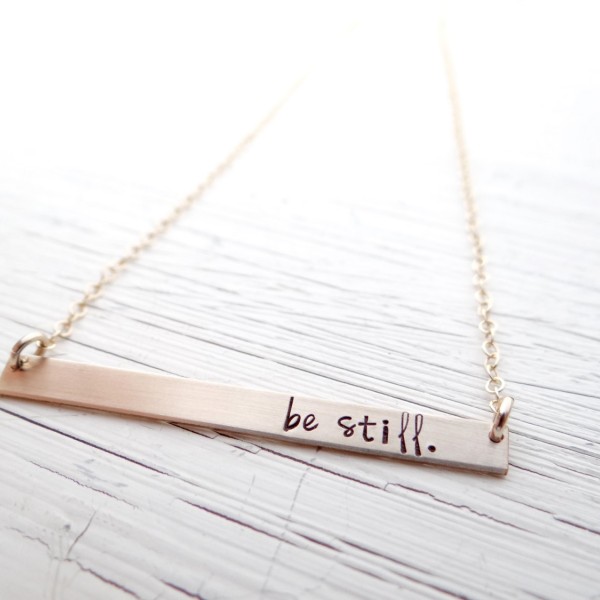 Be Still Gold Bar Necklace. Be Still & Know Christian Inspiration Jewelry. Gold, Silver, or Rose Gold Layering Necklace with Scripture.