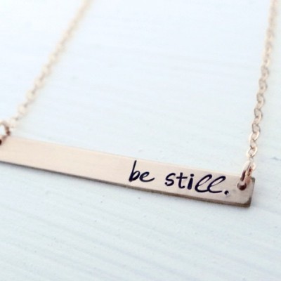 Be Still Gold Bar Necklace. Thin Bar Necklace. Be Still & Know. Christian Jewelry. Minimalist Simple Jewelry. 14 kt Gold.