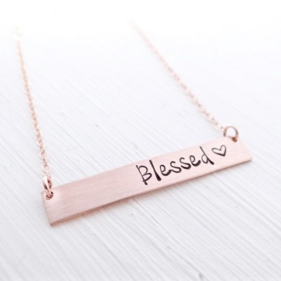 Blessed Gold Bar Necklace. Minimalist, Hand Stamped Rose Gold.  Layering Bar, Inspirational Jewelry.  Blessed with Heart.  Christian Jewelry