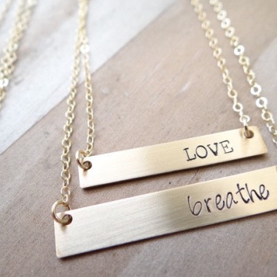 Breathe - Hand Stamped Gold Bar Necklace. Minimalist Jewelry, Engraved Necklace. Layering Necklace, Yoga Necklace, Positive Thoughts