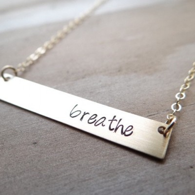 Breathe - Hand Stamped Gold Bar Necklace. Minimalist Jewelry, Engraved Necklace. Layering Necklace, Yoga Necklace, Positive Thoughts