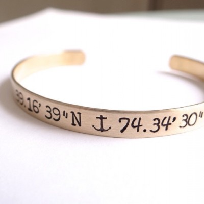 Custom Coordinates Latitude Longitude Anchor Cuff, Beach Wedding, Coordinates, Hand Stamped Bracelet. Gold Brass Nautical Bangle