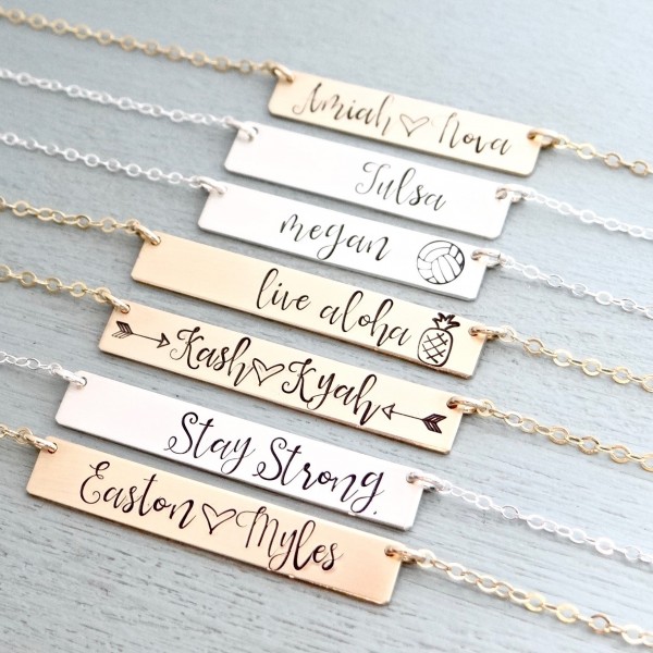 Custom Name Jewelry - Real Gold, Rose, or Silver Personalized Bar Necklace. Christmas Gift for Her, Wife, Girlfriend, Sister. Unique Gift