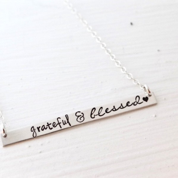 Grateful & Blessed- Hand Stamped Gold Bar Necklace. Minimalist Jewelry, Engraved Necklace. Layering Necklace, Christian Jewelry.