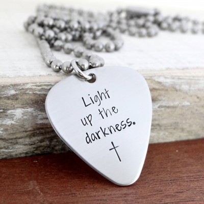 Guitar Pick Necklace - Men's Jewelry - Light Up The Darkness.  Christian Inspirational Stainless Steel Necklace or Keychain with Cross.
