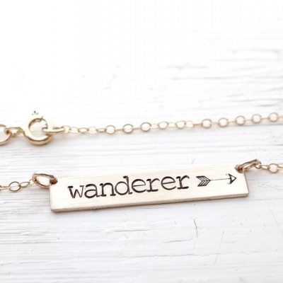 Hand Stamped Bar Necklace. Small Gold Bar with Wanderer with arrow. Minimalist, Engraved Necklace. Simple Layering Bar Necklace