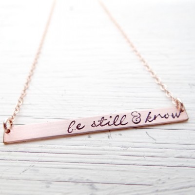 Hand Stamped Bar Necklace. Thin Extra Large Rose Gold Long Bar with Be Still and Know. Christian Jewelry.