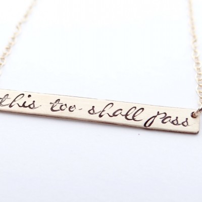 Hand Stamped Bar Necklace. Thin Large Gold Long Bar with This too shall pass. Christian Jewelry.