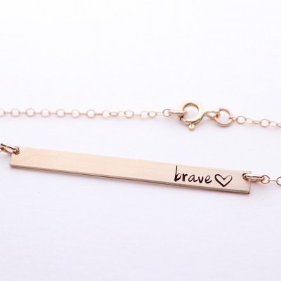 Hand Stamped Bar Necklace. Thin XL 18kt GoldBar with Brave. Minimalist, Engraved Necklace.  Layering Bar, Be Brave, Inspirational Jewelry