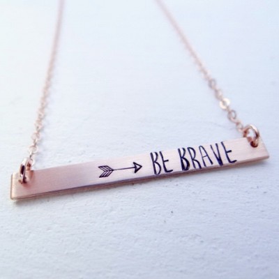 Hand Stamped Bar Necklace. Thin XL Rose GoldBar with Be Brave. Minimalist, Engraved Necklace.  Layering Bar, Be Brave, Inspirational Jewelry